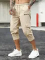 Pantalon cargo capri beige pour homme avec taille élastique à cordon et poches. - S / Kaki