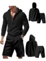 Ensemble homme t-shirt noir manches longues a capuche henley et short plage decontracte - S / Haut et Bas / Noir