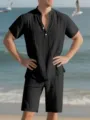 Ensemble de plage deux pièces décontracté pour homme chemise manches courtes et short - S / Haut et Bas / Noir