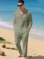 Ensemble chemise manches longues et pantalon en lin pour homme style plage ete. - S / Haut et Bas / Vert matcha
