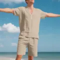 Ensemble de plage deux pieces chemise manches courtes et short en lin pour homme - S / Haut Et Bas / Kaki