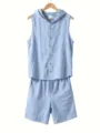 Men's casual linen summer two-piece set hooded sleeveless shirt and shorts outfit stylish. - Light Blue