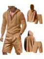 Détails ensemble décontracté homme lin sweat capuche manches longues henley et short. - S / Haut et Bas / Kaki