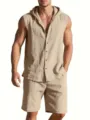 Ensemble homme lin casual chemise sans manches à capuche et short été plage deux pièces. - S / Haut et Bas / Kaki