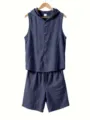 Men's solid linen summer two-piece casual hooded sleeveless shirt and shorts outfit - Dark Gray