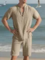 Ensemble de plage d'été décontracté pour homme chemise manches courtes et short uni - S / Haut et Bas / Kaki