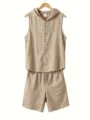 Ensemble d'été en lin pour homme, chemise sans manches à capuche et short assorti. - S / Haut Et Bas / Kaki