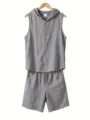 Detail view of men's linen hooded sleeveless shirt and shorts set in casual light gray style. - Light Gray