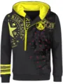 Men's black half-zip hoodie featuring yellow hood lining and bold skull streetwear prints. - Black