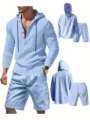 Ensemble Homme Lin Capuche Manches Longues Chemise et Short Casual Plage Été Deux Pièces - S / Haut et Bas / Bleu clair