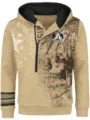 Detailansicht des Herren Kapuzenpullis mit Halbreißverschluss, Totenkopf-Druck und Streetwear-Design. - S / Oberteile / Khaki