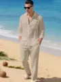 Ensemble assorti chemise manches longues et pantalon long en lin décontracté pour plage. - S / Haut et Bas / Kaki