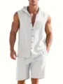 Homme été lin sans manches capuche chemise short détail gros plan plage tenue décontractée - S / Haut et Bas / Blanc