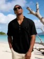 Chemise homme été manches courtes noir style henley décontracté plage haut style detail - S / Noir