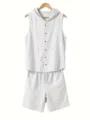 Ensemble deux pieces ete decontracte pour homme en lin blanc sans manches a capuche. - S / Haut Et Bas / Blanc