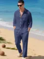 Ensemble chemise à manches longues et pantalon en lin bleu homme tenue de plage d'été confortable. - S / Haut et Bas / Bleu marine