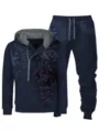 Hombres invierno casual chandal sudadera con capucha conjunto azul oscuro cremallera pantalones chic - Marino Gris