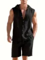 Ensemble d'été décontracté en lin pour homme chemise sans manches et short capuchon - S / Haut et Bas / Noir