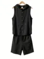Ensemble deux pièces en lin d'été pour homme chemise sans manches ample décontracté - S / Haut Et Bas / Noir
