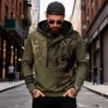 Mens military green hooded half-zip sweatshirt with skull graphic and letter prints. - Army Green