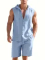 Vue détaillée de la chemise sans manches à capuche en lin et du short assorti été. - S / Haut et Bas / Bleu clair