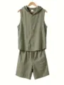 Détail ensemble chemise sans manches à capuche et short en lin pour homme, vêtement d'été frais. - S / Haut Et Bas / Vert matcha