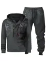Men dark grey tracksuit set, hoodie and sweatpants with skull star print for autumn winter streetwear. - S / Top And Bottom / Dark Gray