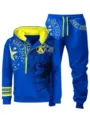 Men's Autumn Winter Casual Printed Quarter-Zip Hooded Sweatshirt And Joggers Suit Blue - S / Top And Bottom / Royal Blue Yellow