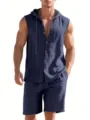 Detail view of men's casual linen hooded sleeveless shirt and shorts summer two-piece set - S / Top And Bottom / Navy Blue