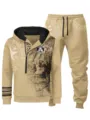 Men casual tracksuit set autumn winter fleece zip hoodie and sweatpants with skull print. - S / Top And Bottom / Khaki