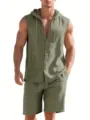 Men's casual summer linen two-piece set, sleeveless hooded shirt and matching shorts. - S / Top And Bottom / Matcha Green