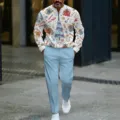 Christmas theme print stand collar sweatshirt pants set detail shot outdoor street view. - Watercolor Festive Elements