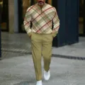 Men's casual plaid quarter-zip sweatshirt and matching solid pants set for autumn daily wear. - Plaid Color Block