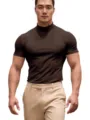 Men's slim-fit dark brown mock turtleneck short-sleeve t-shirt, casual summer basic top. - Brown