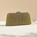 Close-up of the elegant gold pleated evening clutch featuring a shiny metallic clasp hardware. - Army Green