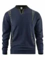 Detail view of mens long sleeve knit sweater with stylish plaid V-neck insert, dark blue color. - Navy Blue