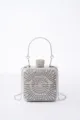 Crystal evening clutch bag detail, silver rhinestone box purse with metal handle and chain. - Silver