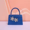 Blue glitter evening bag with rhinestone pearl flowers, elegant party clutch handbag detail view. - Blue