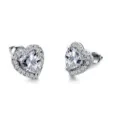 Vista detallada de pendientes de botón de circonita en forma de corazón, diseño de plata. - Oro blanco