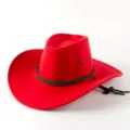 Red western cowboy hat with braided rope band and adjustable chin strap, stylish outdoor cap. - M (56-58cm) / Red