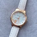 Cute cat quartz watch for students with white leather strap and rose gold cat ear case design. - White