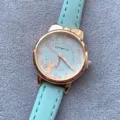 Cute cat quartz wristwatch with mint green leather strap and rose gold case for students. - Light Blue
