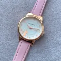 Pink leather strap cute cat quartz watch with rose gold case and clear dial for students. - Purple
