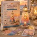 DIY sunset beach lighthouse craft kit with sea glass, shells, LED lights, and wooden base. - Sunset Lighthouse