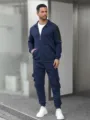 Men's casual sport suit dark blue long sleeve zip jacket cargo pants set variant. - Navy Blue