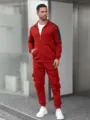 Men Casual Red Tracksuit Stand Collar Zip Jacket And Cargo Pants Set For Autumn - Red