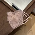 Pink sequin rhinestone butterfly lace mask detailed view showing exquisite beaded tassels. - Pink
