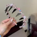 Pink headband with teeth, bows, rhinestones and letter charm, cute non-slip hair accessory. - Letter Smiley Style