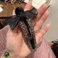 Molleletta per capelli con fiocco in strass nero elegante clip becco d'anatra accessorio - Rosa Grigio