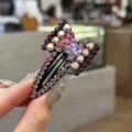 Pinza de pelo lazo pedrería violeta, pasador BB cristal brillante elegante. - Púrpura
